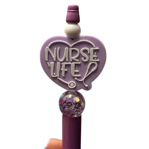Custom Made Nurse Life Heart Top Purple Glitter Pen - Picture 2 of 2